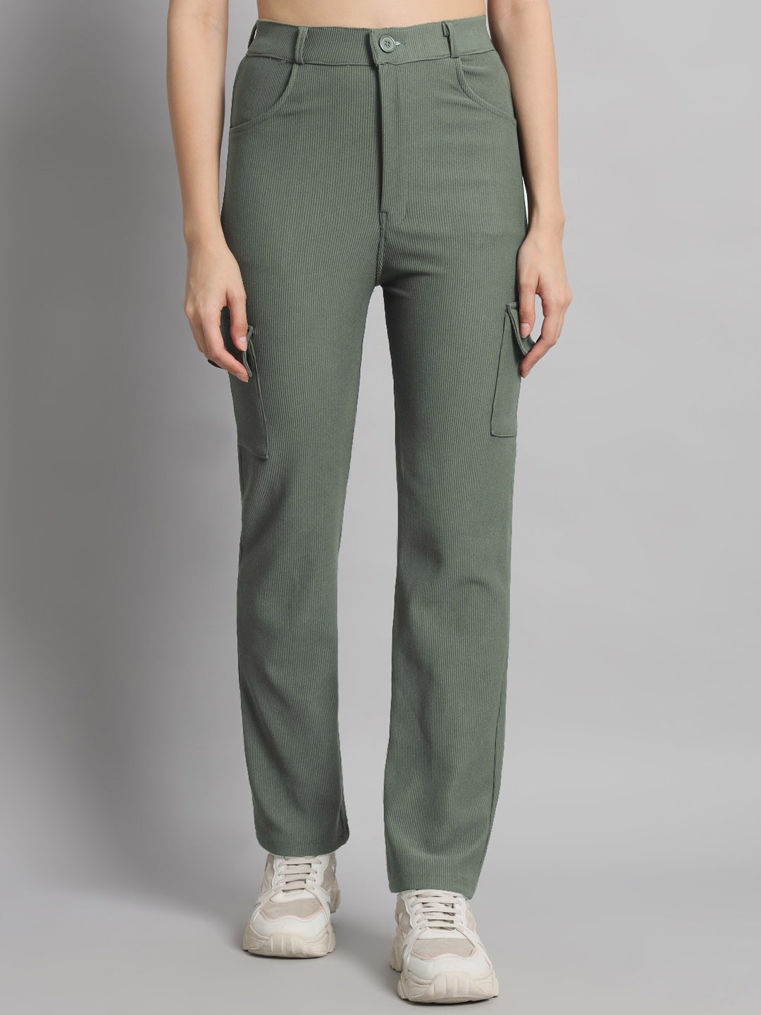 

Mast & Harbour Women Checked Straight Fit High-Rise Corduroy Trouser, Olive