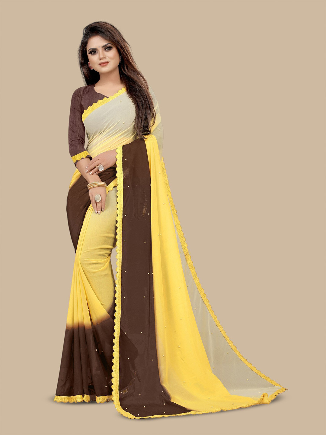 

CARTYSHOP Women Ombre Beads and Stones Pure Georgette Saree, Yellow