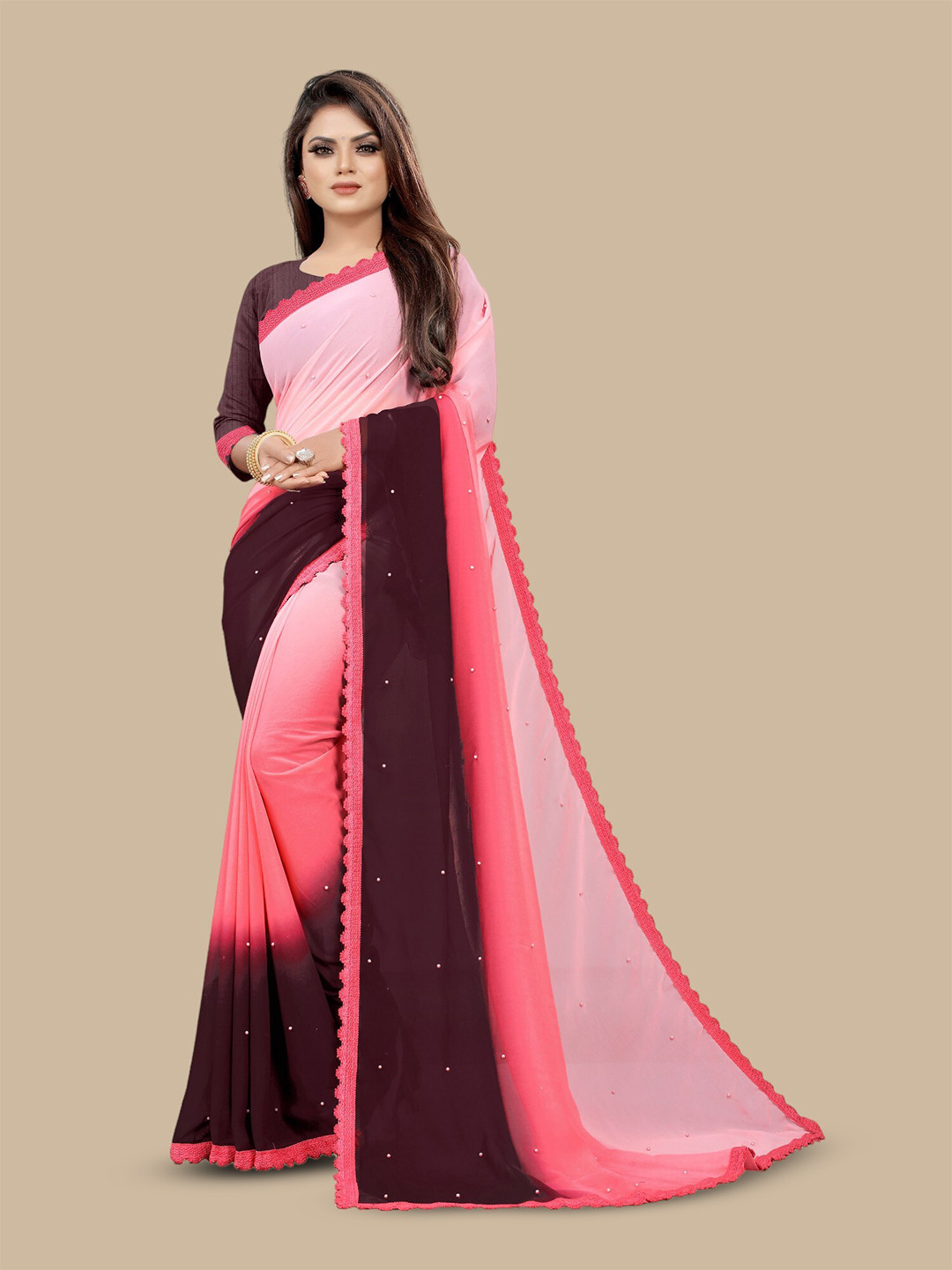 

CARTYSHOP Ombre Beads and Stones Pure Georgette Saree, Pink