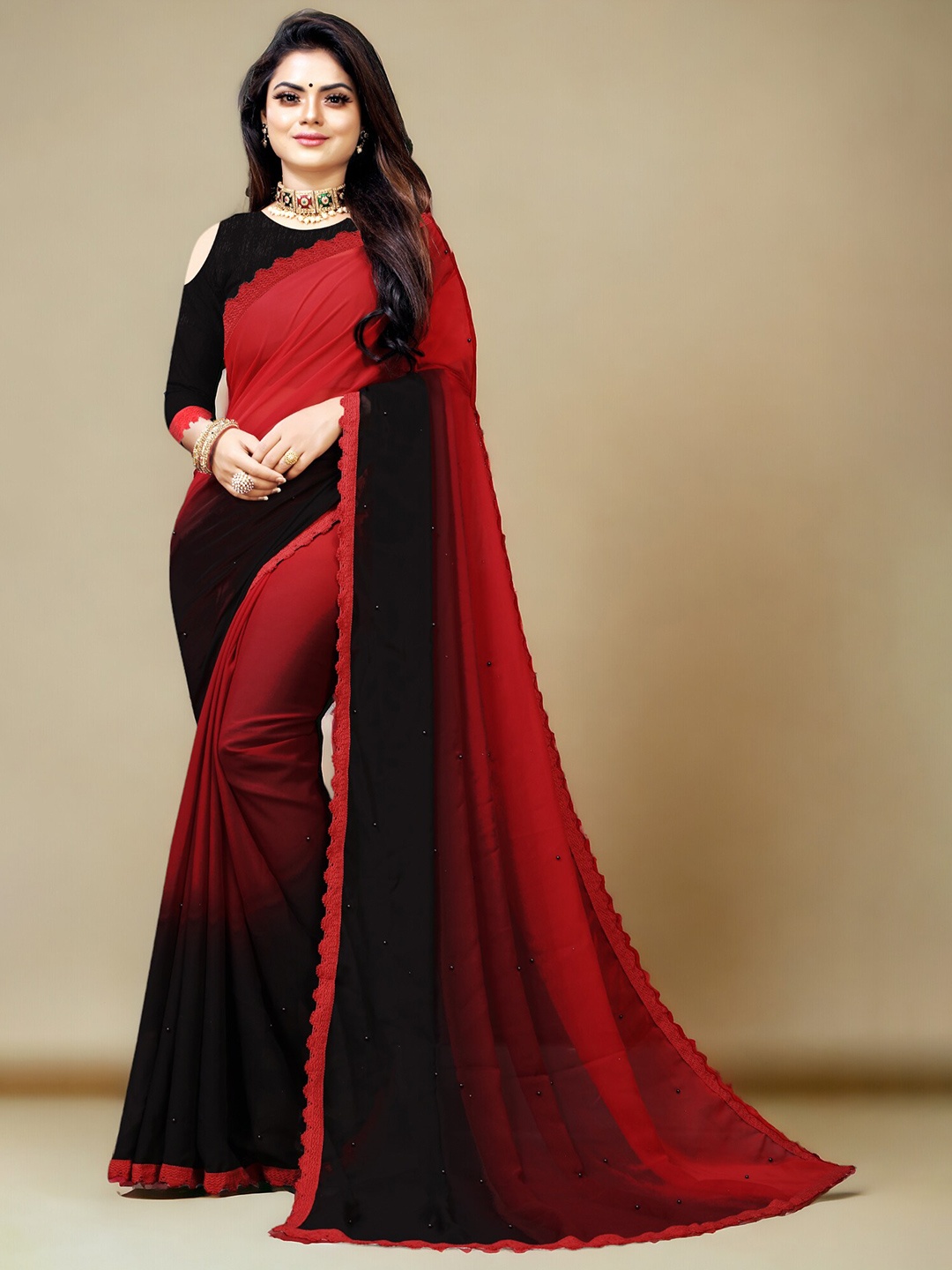 

CARTYSHOP Ombre Beads and Stones Pure Georgette Saree, Red
