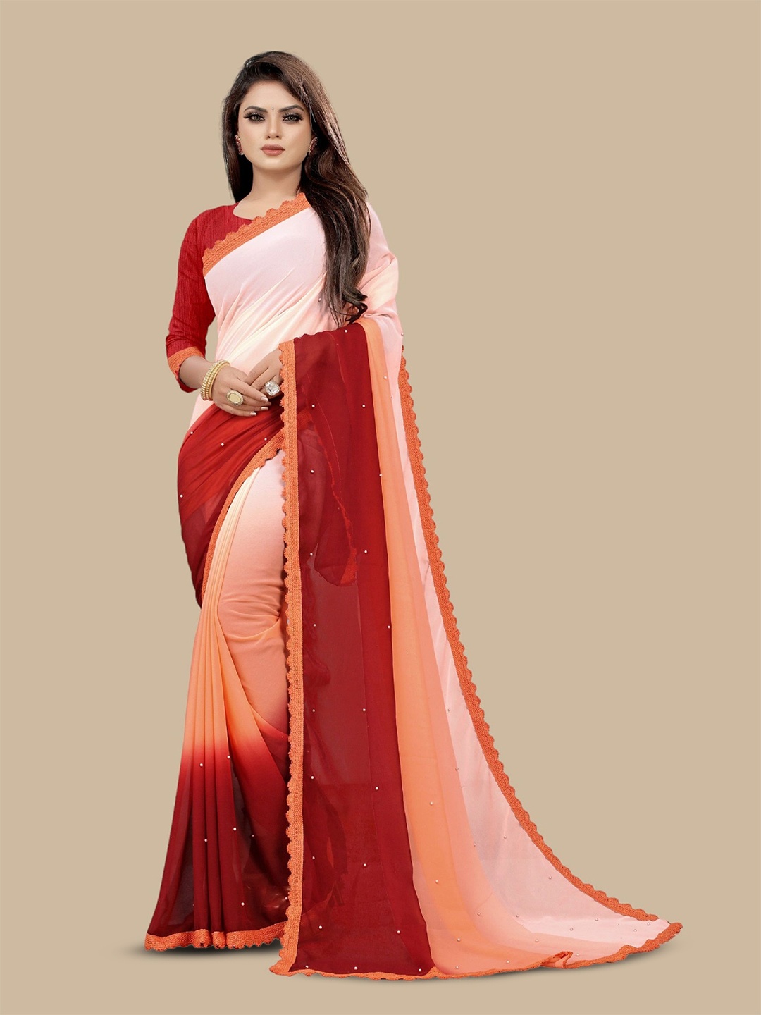 

CARTYSHOP Ombre Beads and Stones Pure Georgette Saree, Orange