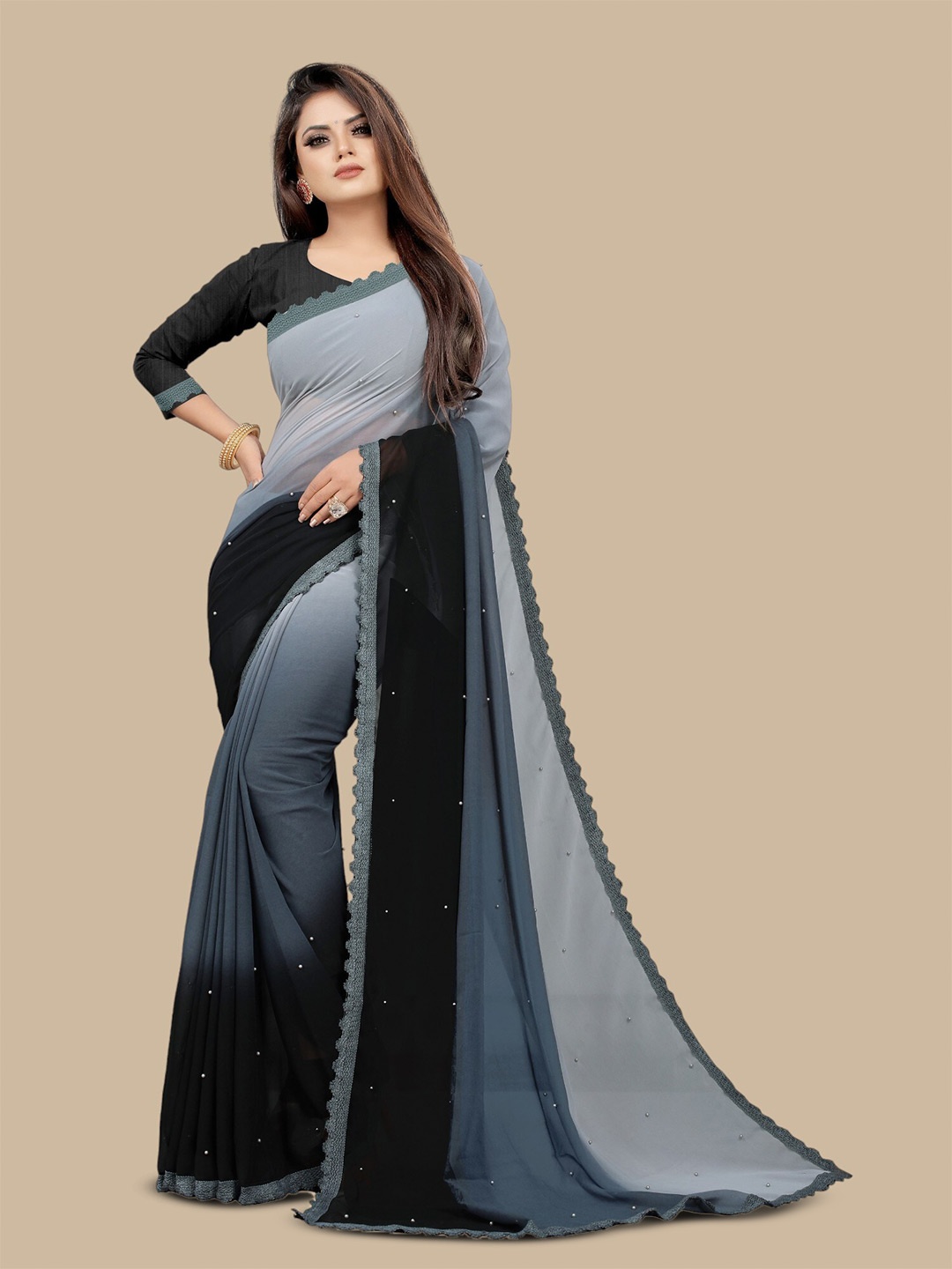 

CARTYSHOP Ombre Beads and Stones Pure Georgette Saree, Grey