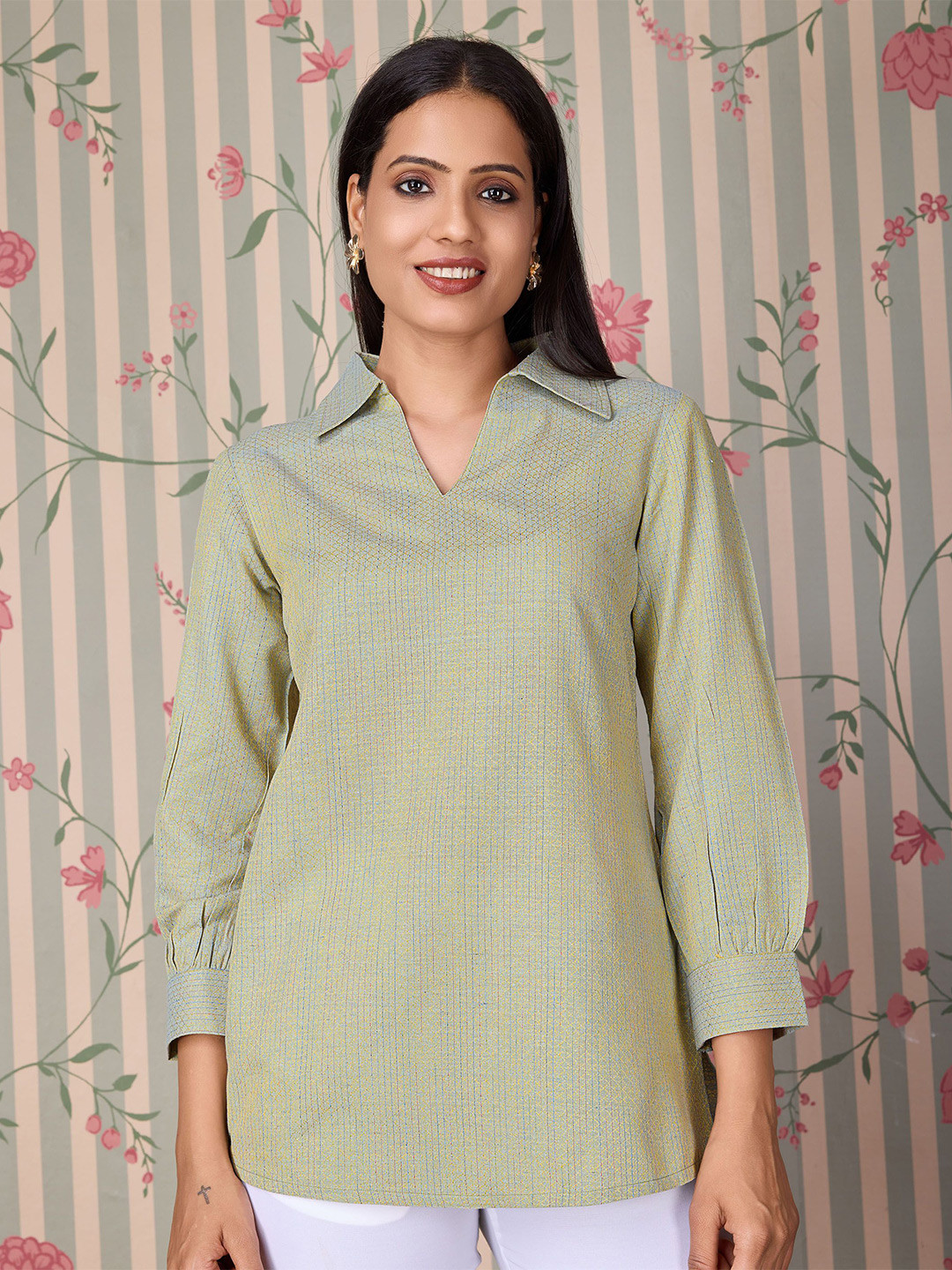 

Ode by House of Pataudi Striped Shirt Collar Tunic, Green