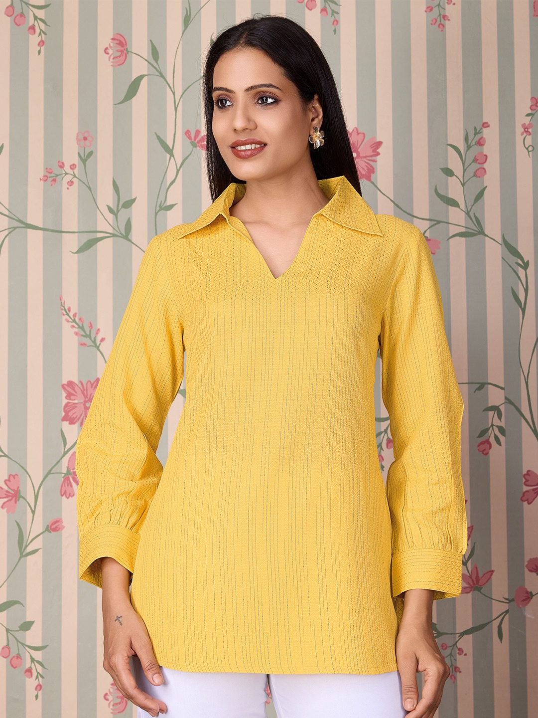 

Ode by House of Pataudi Striped Shirt Collar Tunic, Yellow