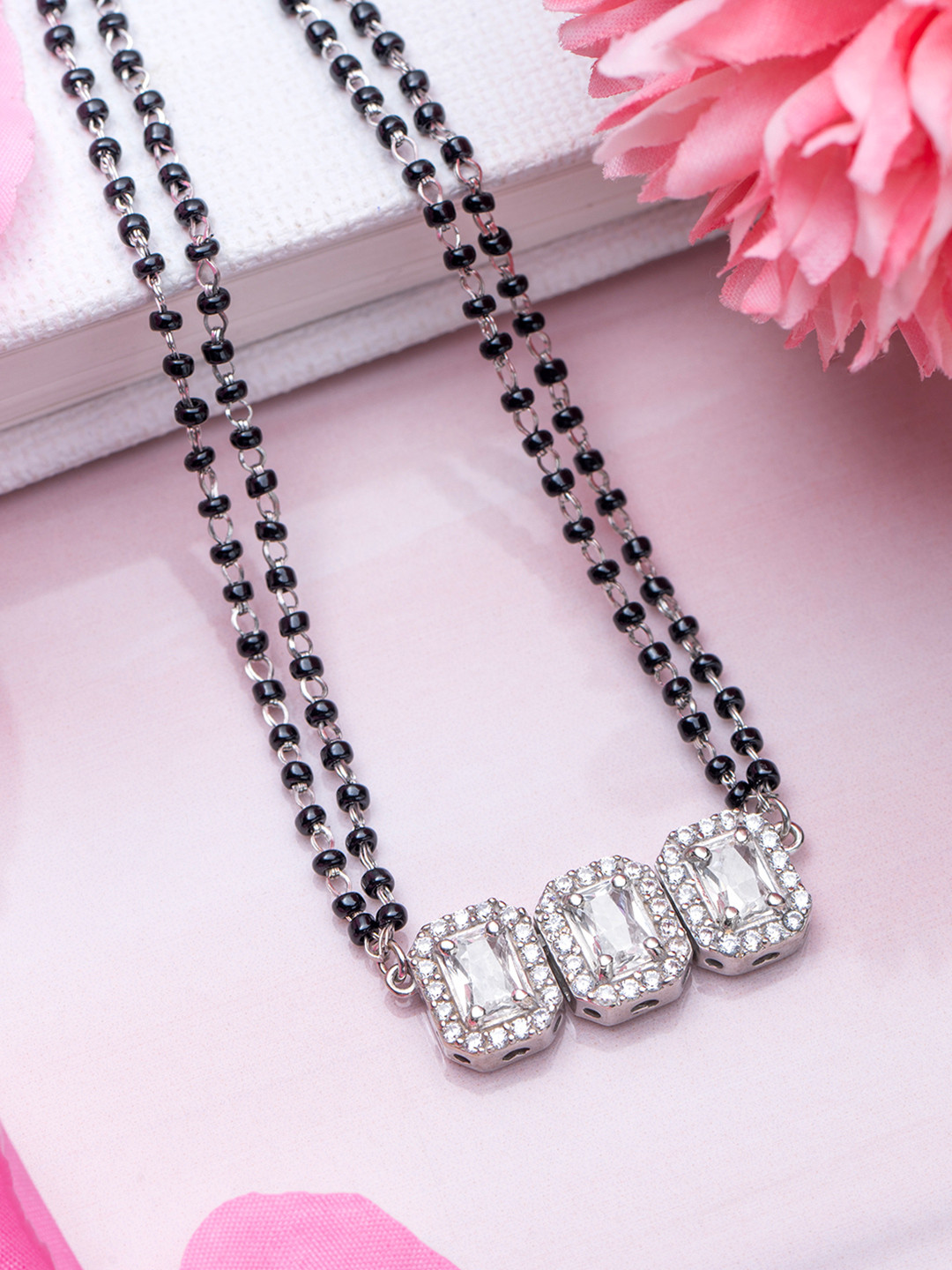 

Zavya 925 Sterling Silver Rhodium-Plated Stone Studded & Beaded Mangalsutra