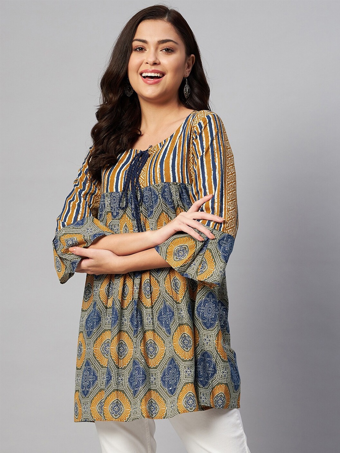 

KALINI Scoop Neck Gathers Ethnic Printed Tunic, Beige