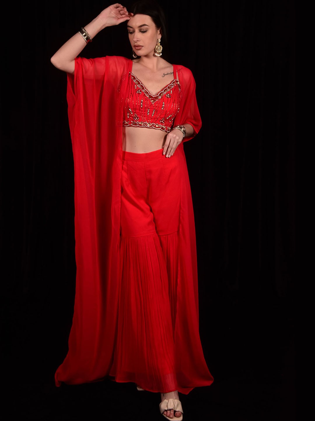 

Laalzari Embellished Shrug & Crop Top With Sharara Co-Ords, Red