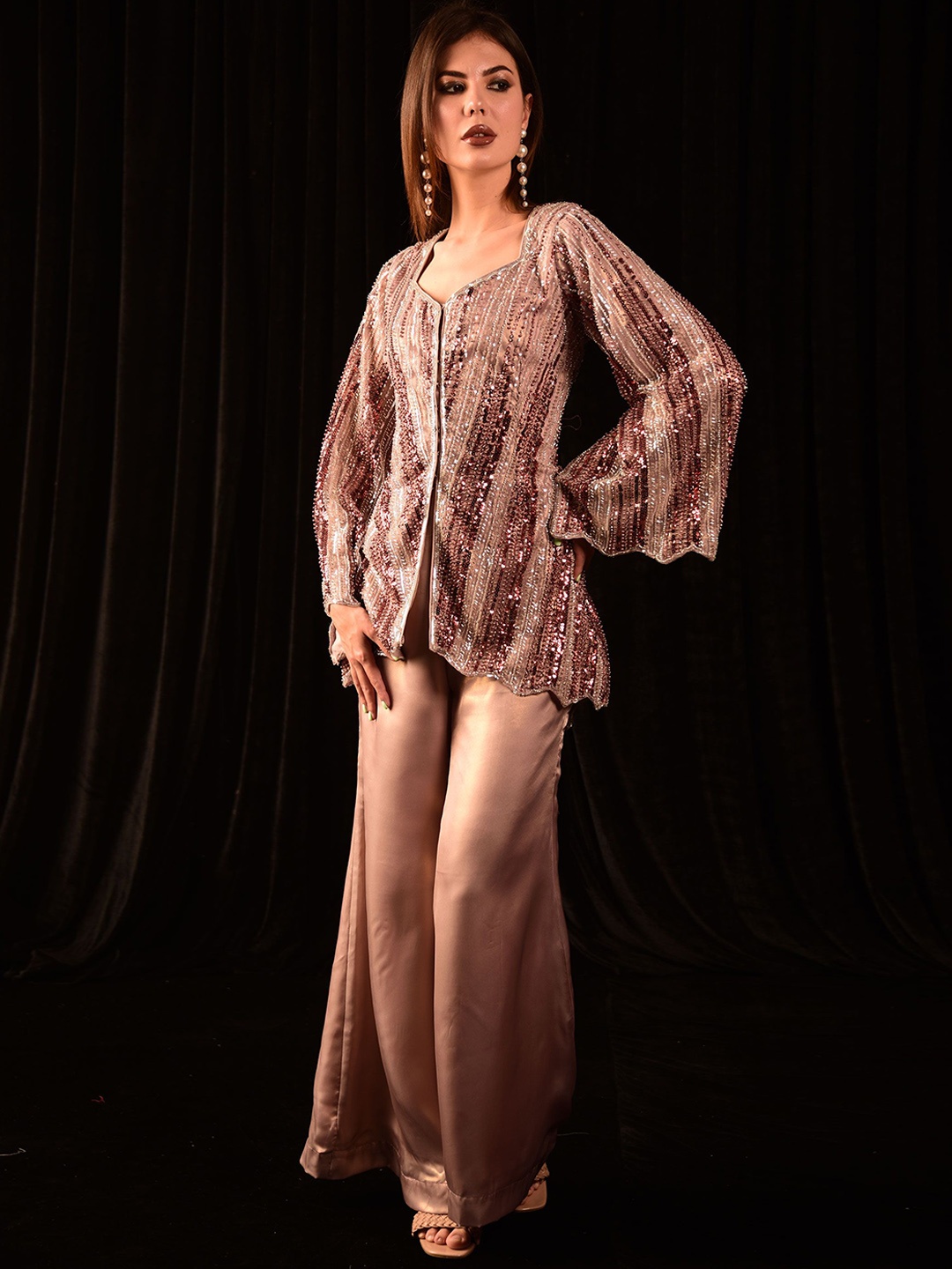 

Laalzari Embroidered Square Neck Tunic With Palazzos Co-Ords, Pink