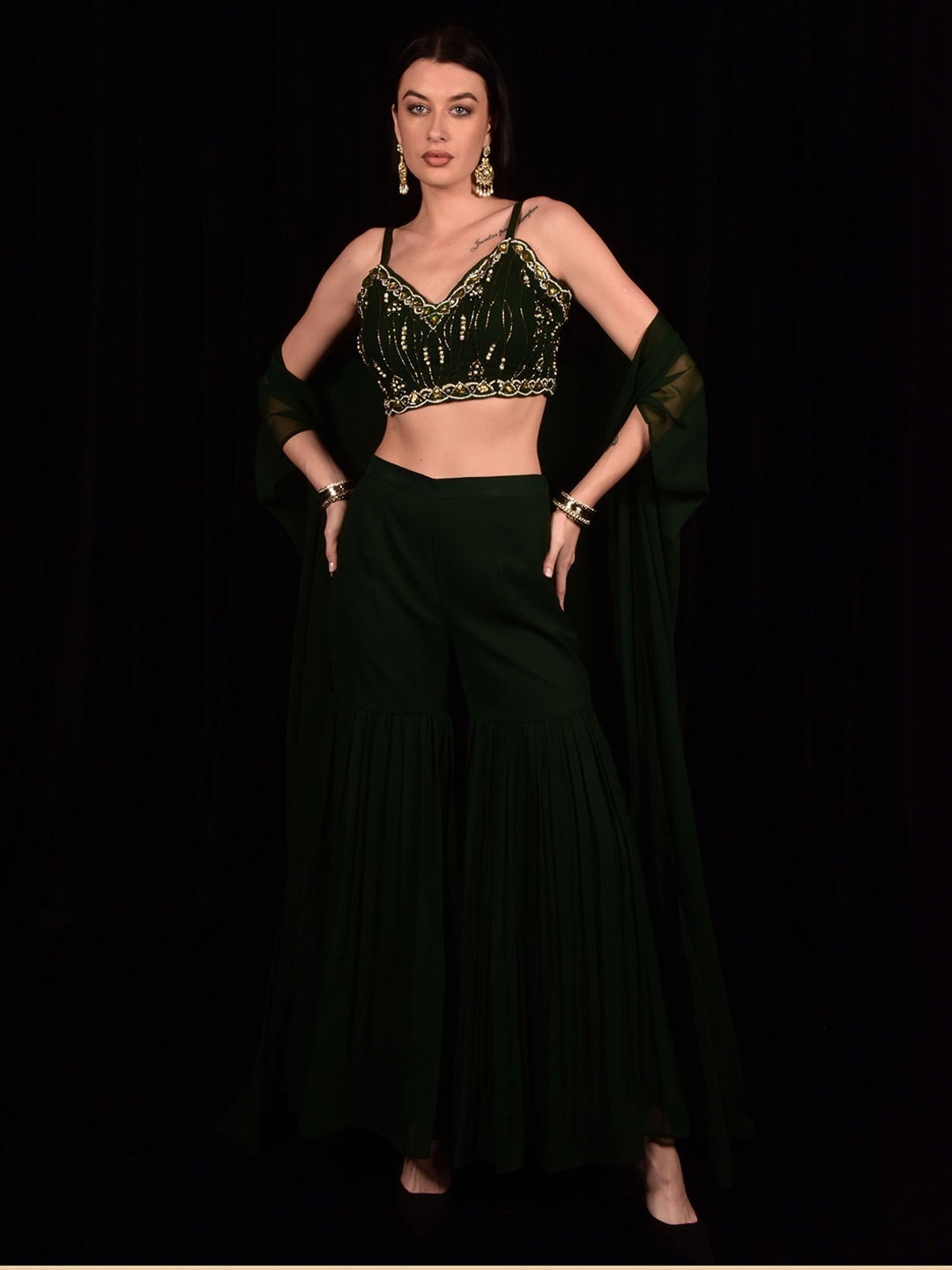 

Laalzari Embroidered Shrug & Crop Top With Sharara Co-Ords, Green