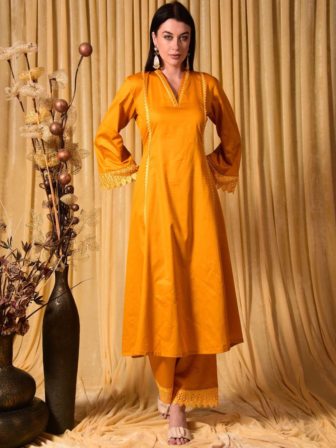 

Laalzari Pure Cotton A-Line Tunic With Palazzos, Mustard