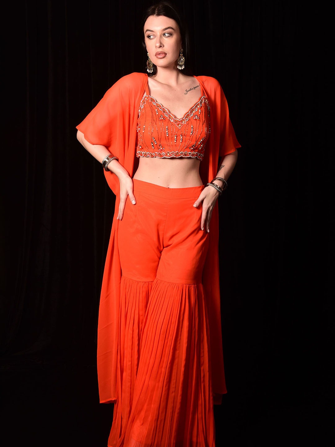 

Laalzari Embroidered Shrug & Crop Top With Sharara Co-Ords, Orange