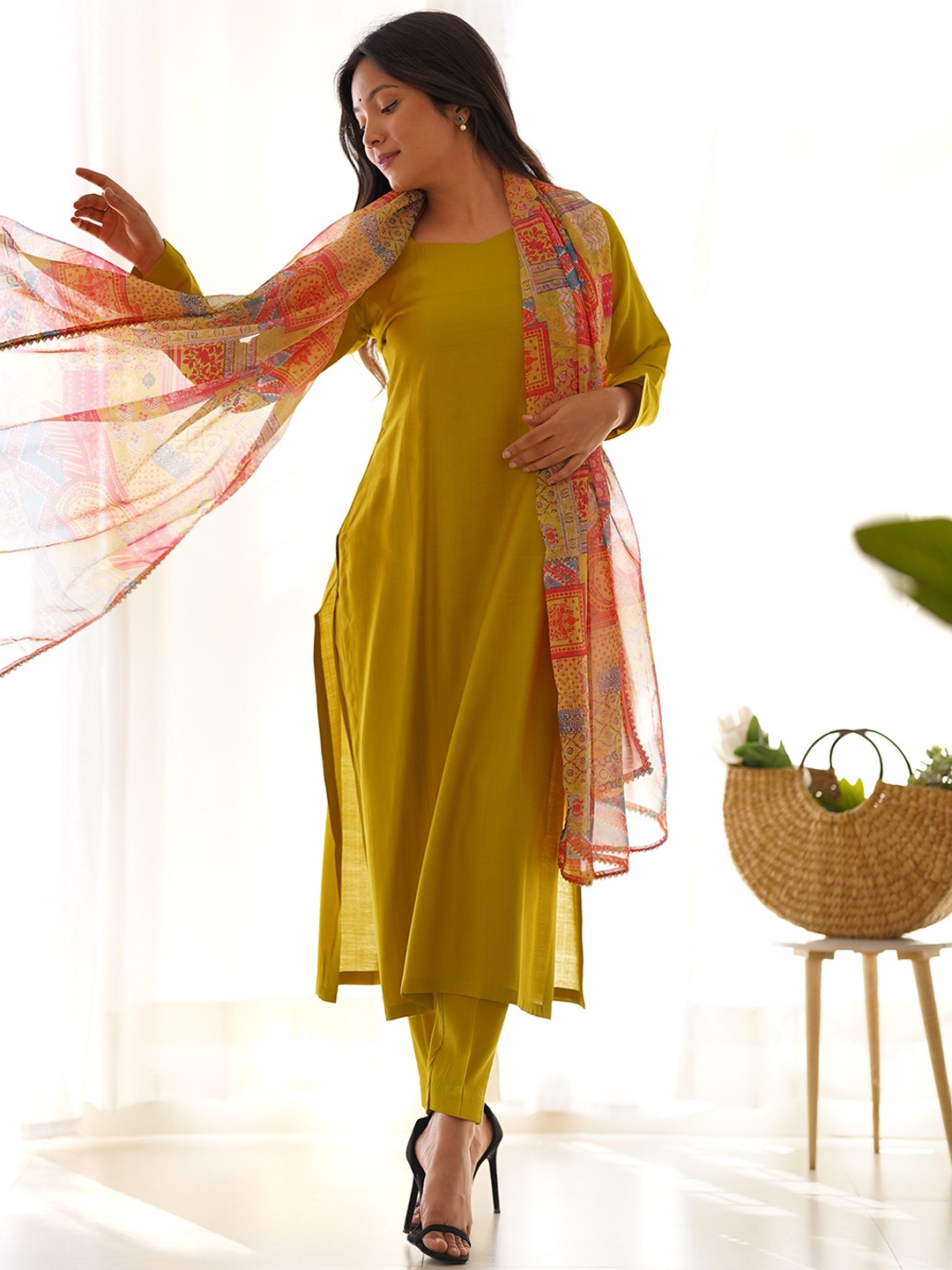 

KALINI Women Regular Kurta with Trousers & With Dupatta, Mustard