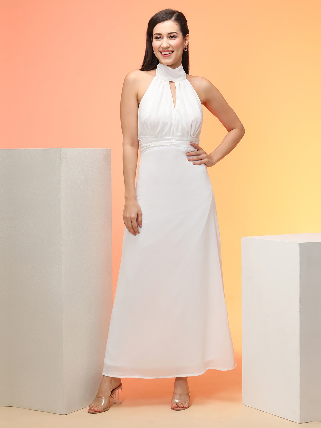 

Globus Tie-Up Halter Neck Keyhole Detail Fit & Flare Maxi Party Dress, White