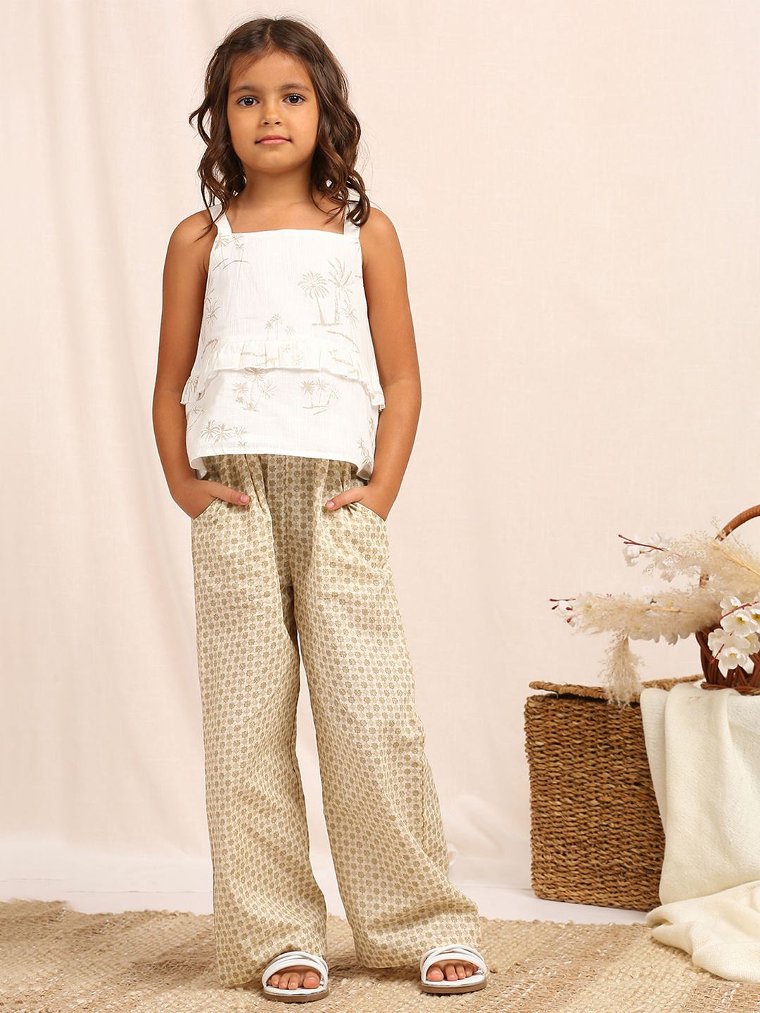 

My Milestones Girls Printed Pure Cotton Top with Palazzos, Off white