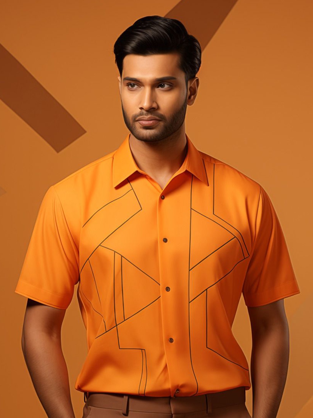 

HE SPOKE Smart Tailored Fit Cotton Geometric Printed Checked Casual Shirt, Orange