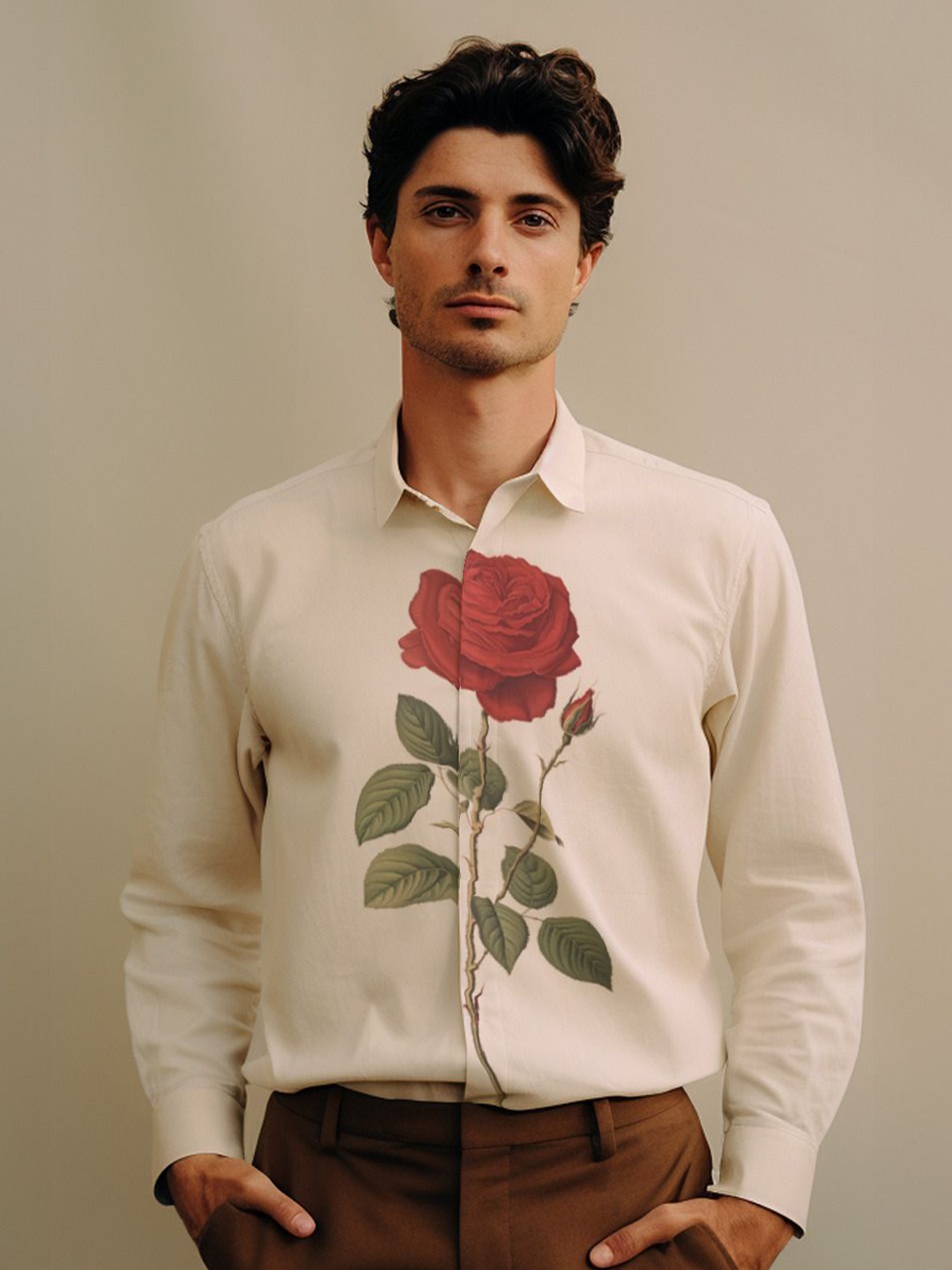 

HE SPOKE Smart Tailored Fit Floral Cotton Printed Casual Shirt, Cream