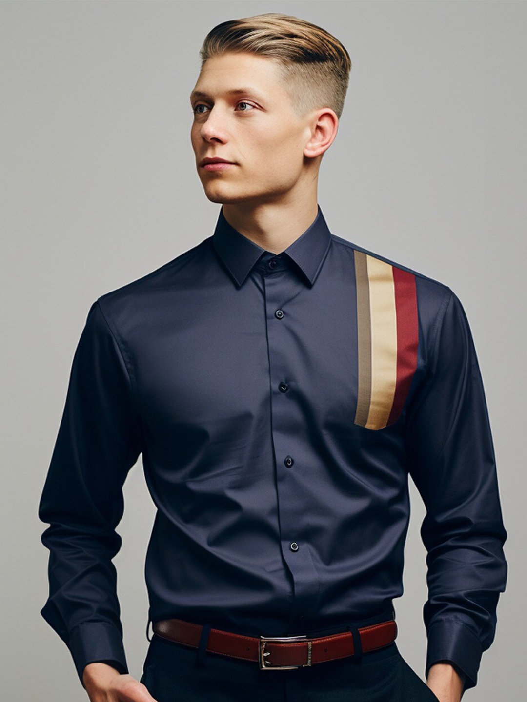

HE SPOKE Smart Tailored Fit Colourblocked Cotton Formal Shirt, Navy blue