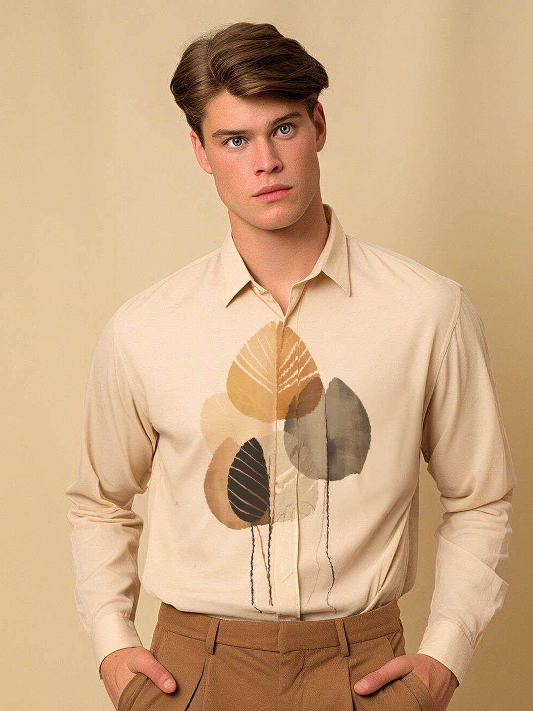 

HE SPOKE Smart Tailored Fit Abstract Cotton Printed Casual Shirt, Cream