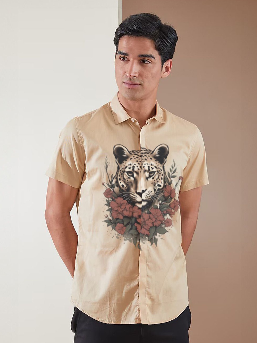 

HE SPOKE Men Smart Tailored Fit Animal Cotton Printed Casual Shirt, Cream