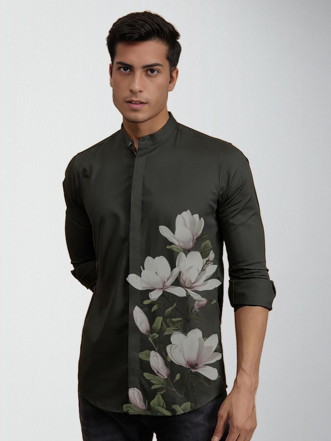 

HE SPOKE Smart Tailored Fit Floral Cotton Printed Casual Shirt, Olive