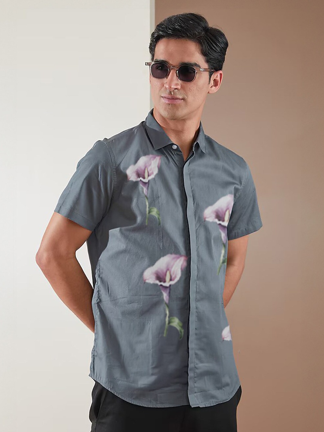 

HE SPOKE Smart Tailored Fit Floral Cotton Printed Casual Shirt, Grey