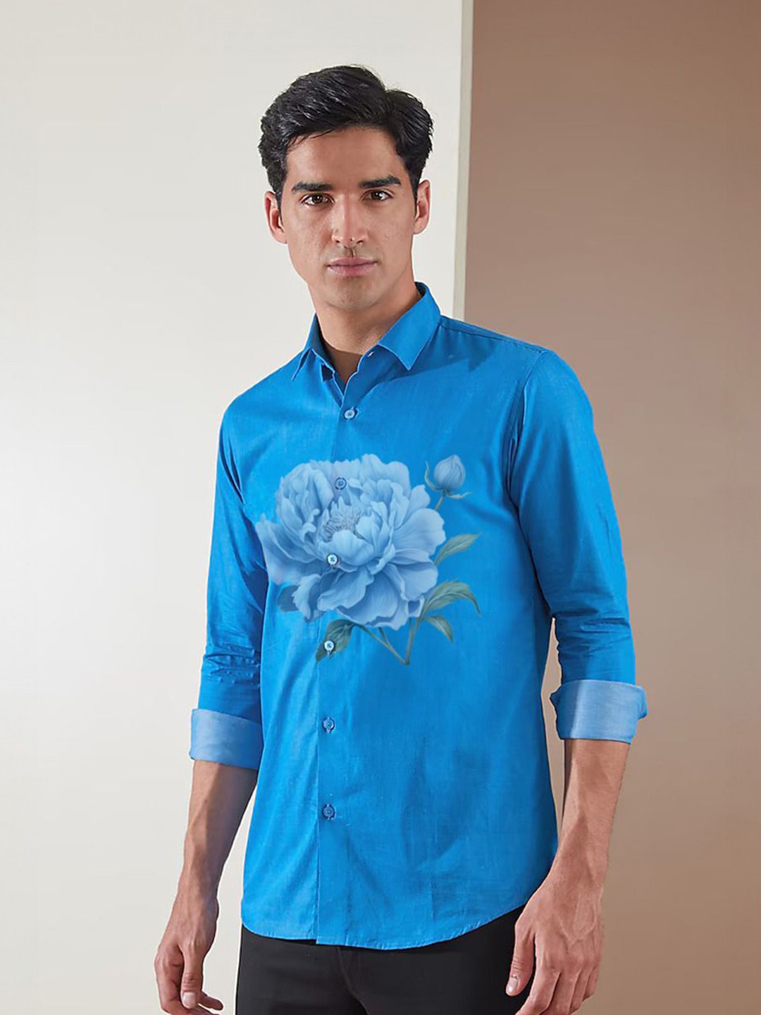 HE SPOKE Men Smart Tailored Fit Floral Cotton Printed Casual Shirt, Blue