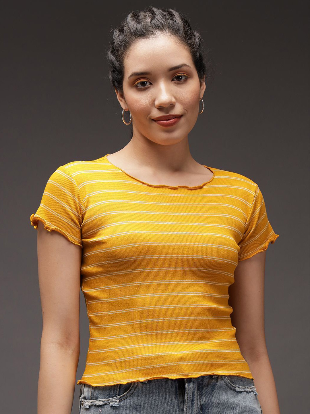 

TANDUL Striped Round Neck Polyester Top, Yellow