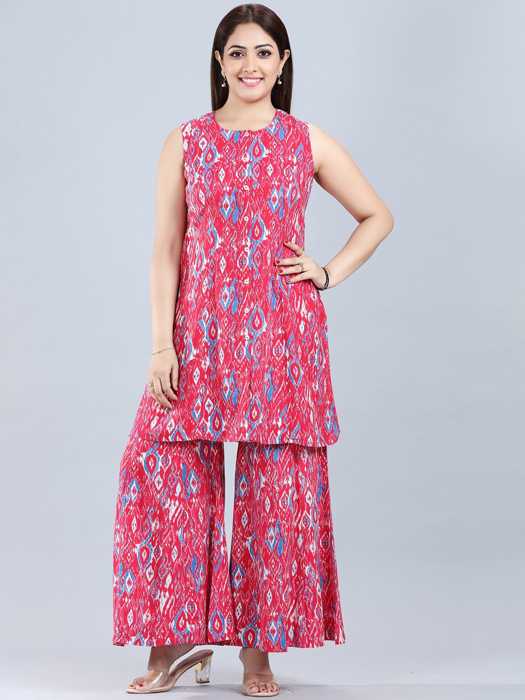 

COTTON CULTURE Geometric Printed Round Neck Straight Kurta with Palazzos, Pink