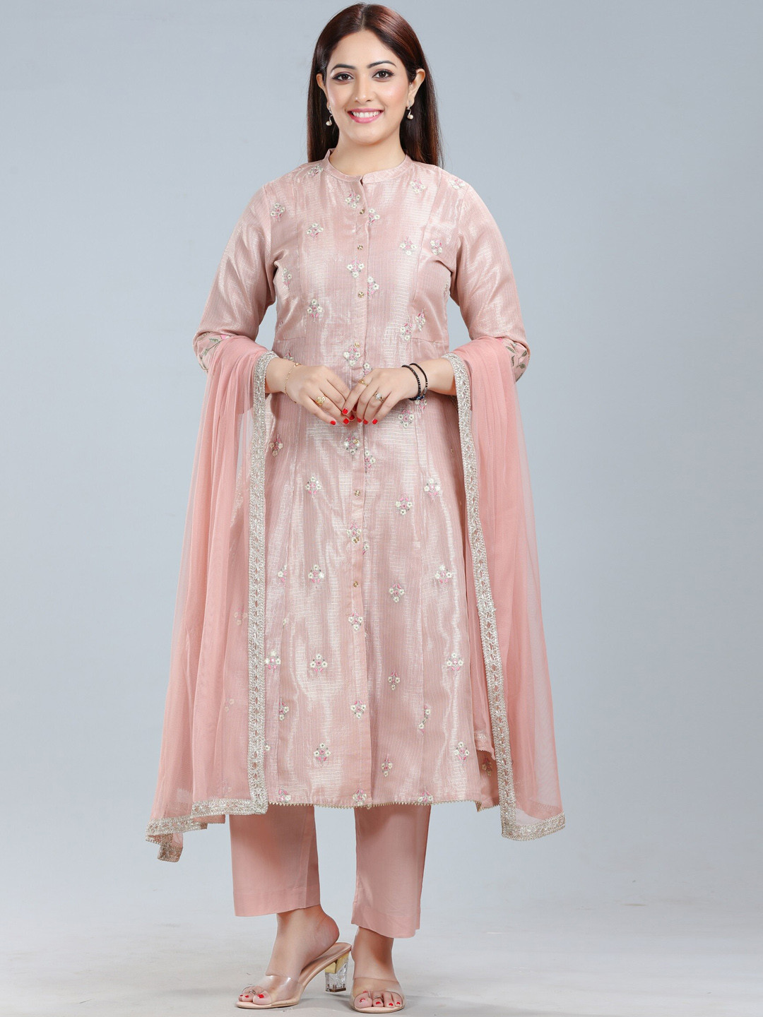 

COTTON CULTURE Ethnic Motifs Embroidered Mandarin Collar Kurta with Trousers & Dupatta, Cream