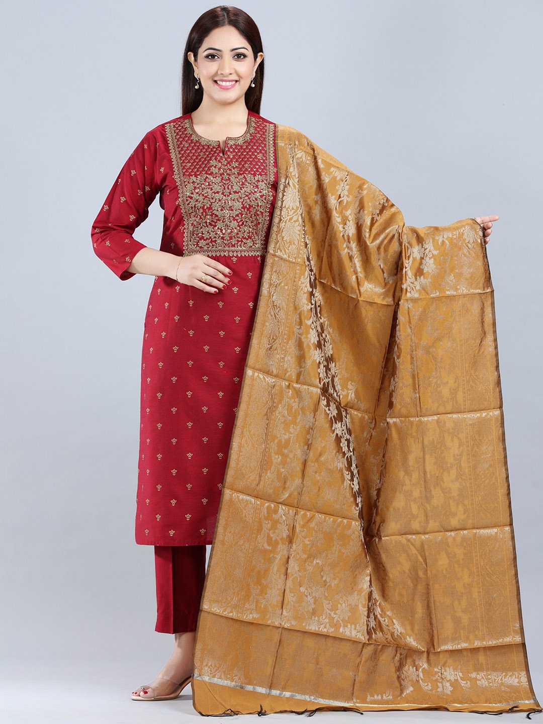 

COTTON CULTURE Ethnic Motifs Embroidered Round Neck Kurta with Trousers & Dupatta, Maroon