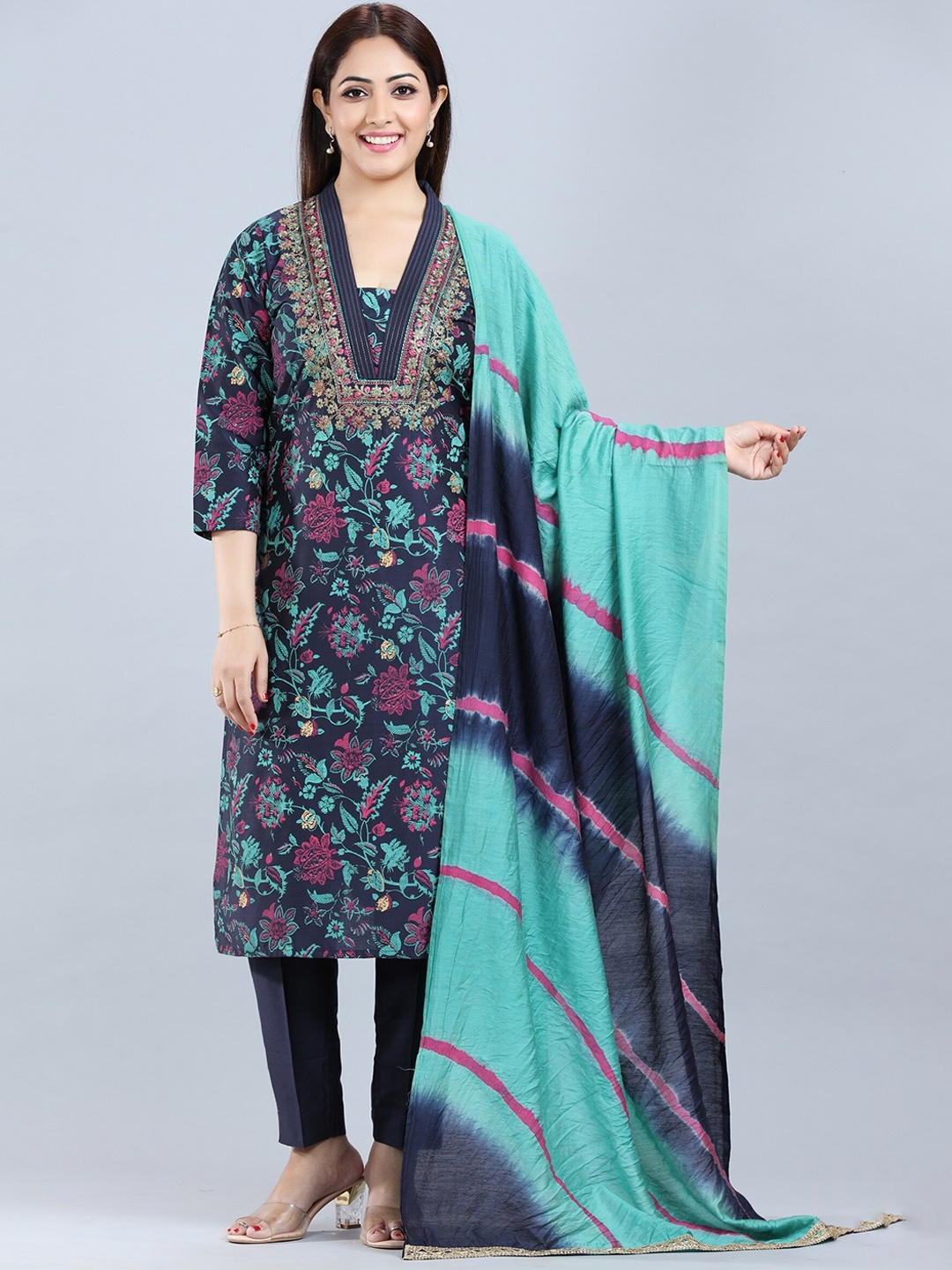 

COTTON CULTURE Women Ethnic Motifs Regular Pure Cotton Kurta with Trousers & Dupatta, Navy blue