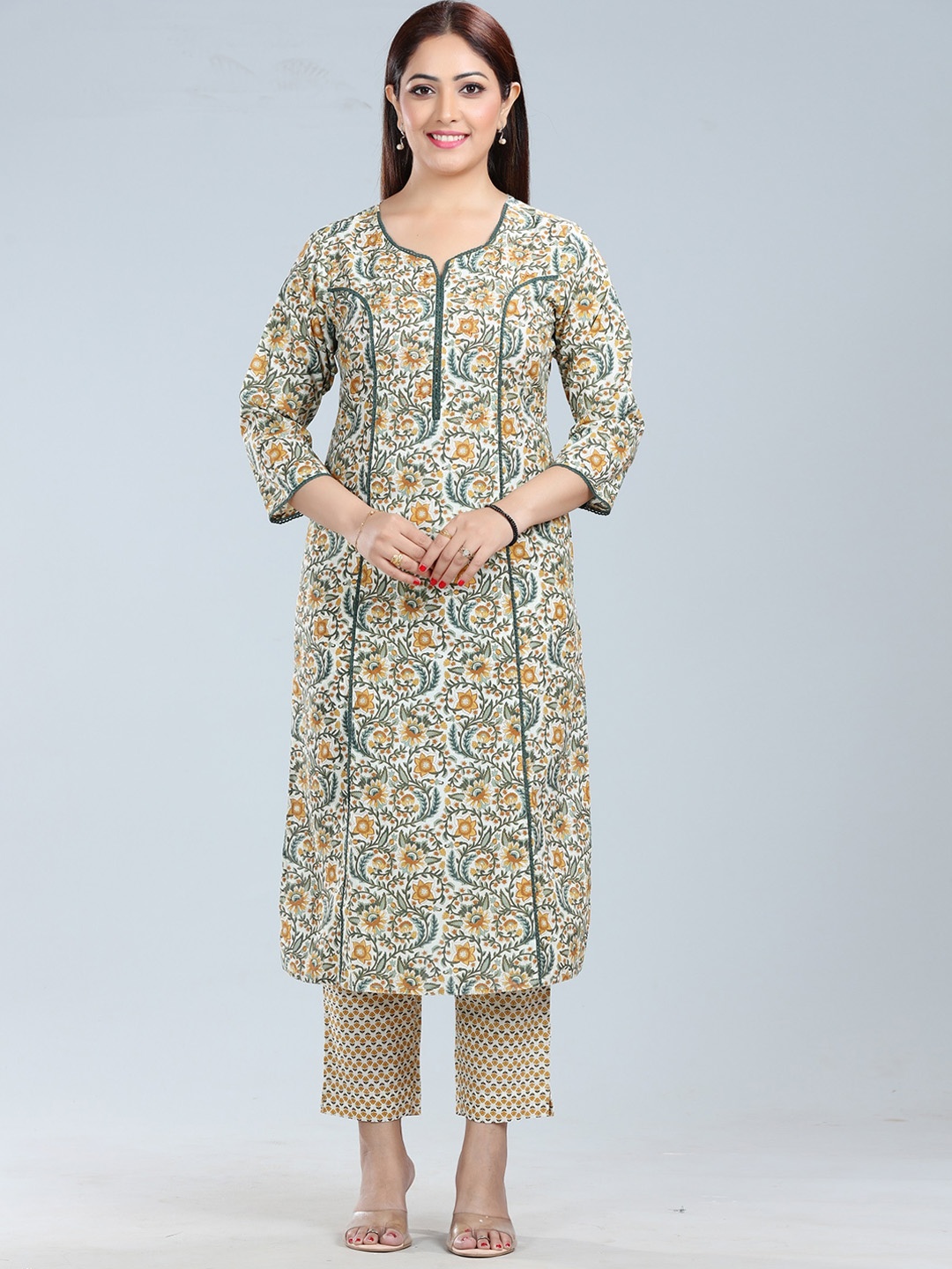 

COTTON CULTURE Ethnic Motifs Printed Round Neck Pure Cotton Kurta with Palazzos, Mustard
