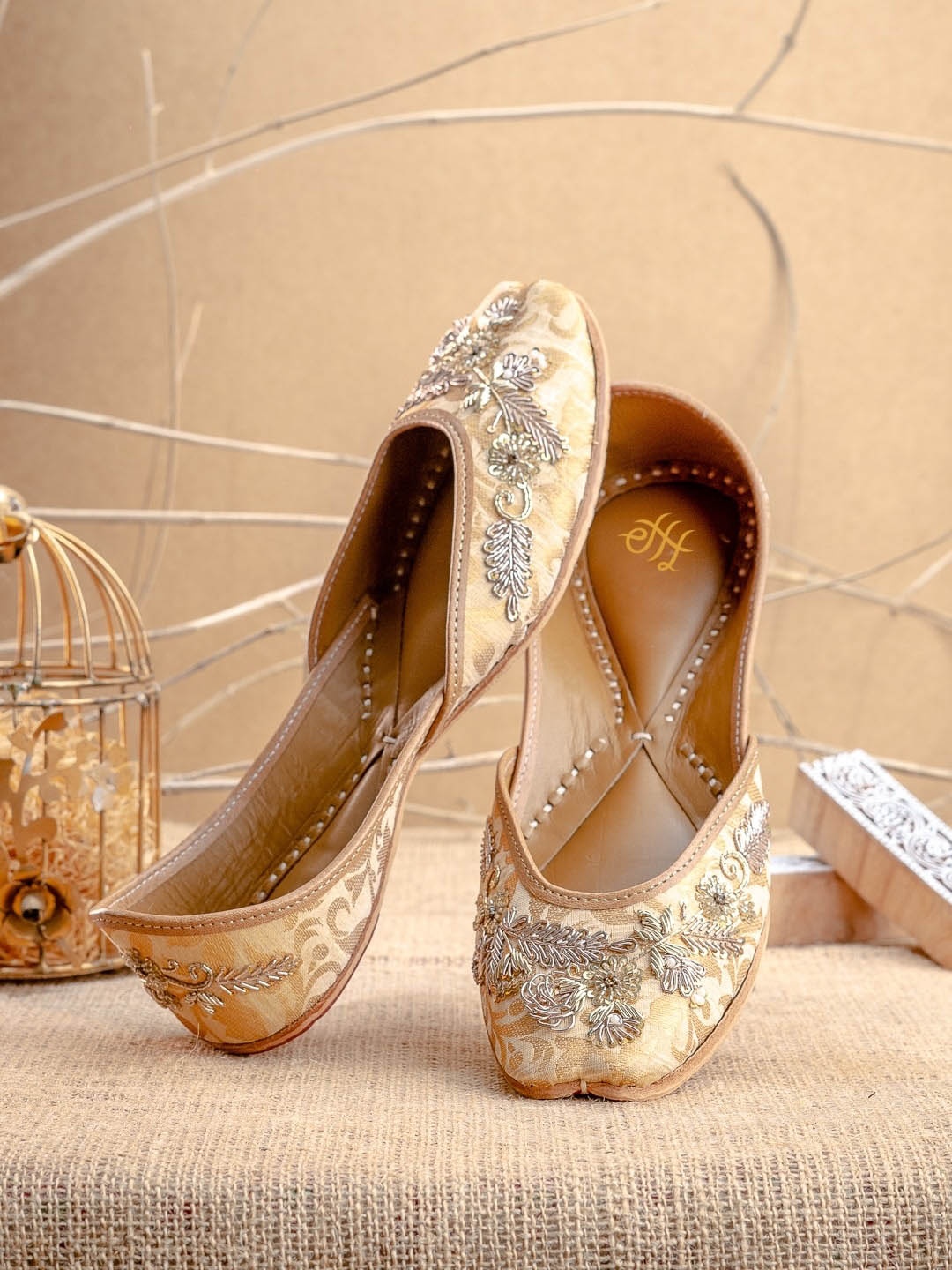 

House of Pataudi Women Embroidered Slip-On Mojaris, Gold