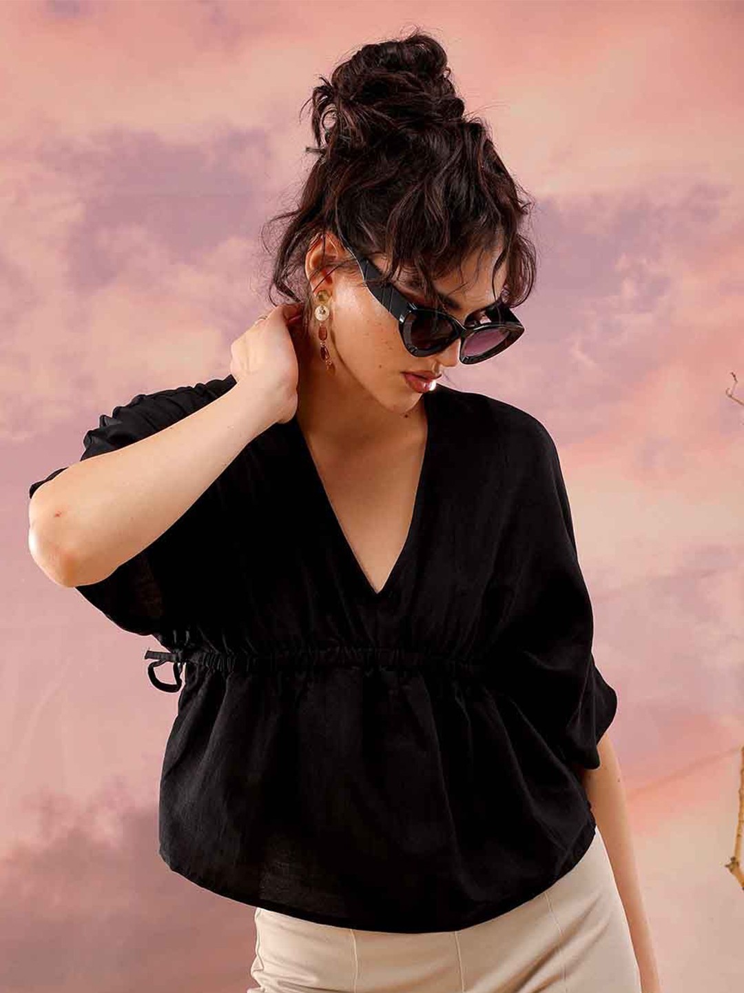 

Freehand by The Indian Garage Co Batwing Sleeves V-Neck Top, Black
