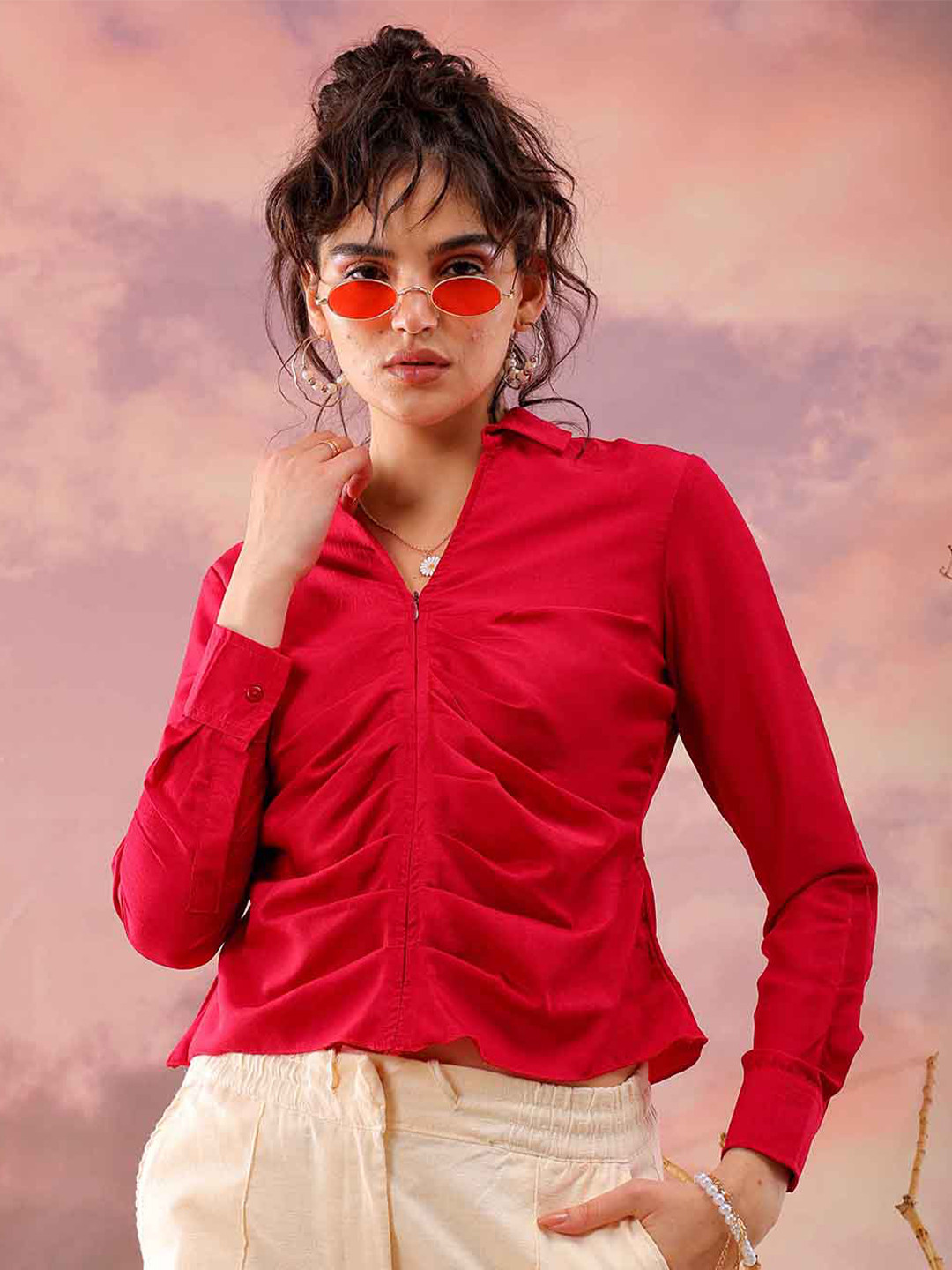 

Freehand by The Indian Garage Co Women Shirt Style V-Neck Top, Pink