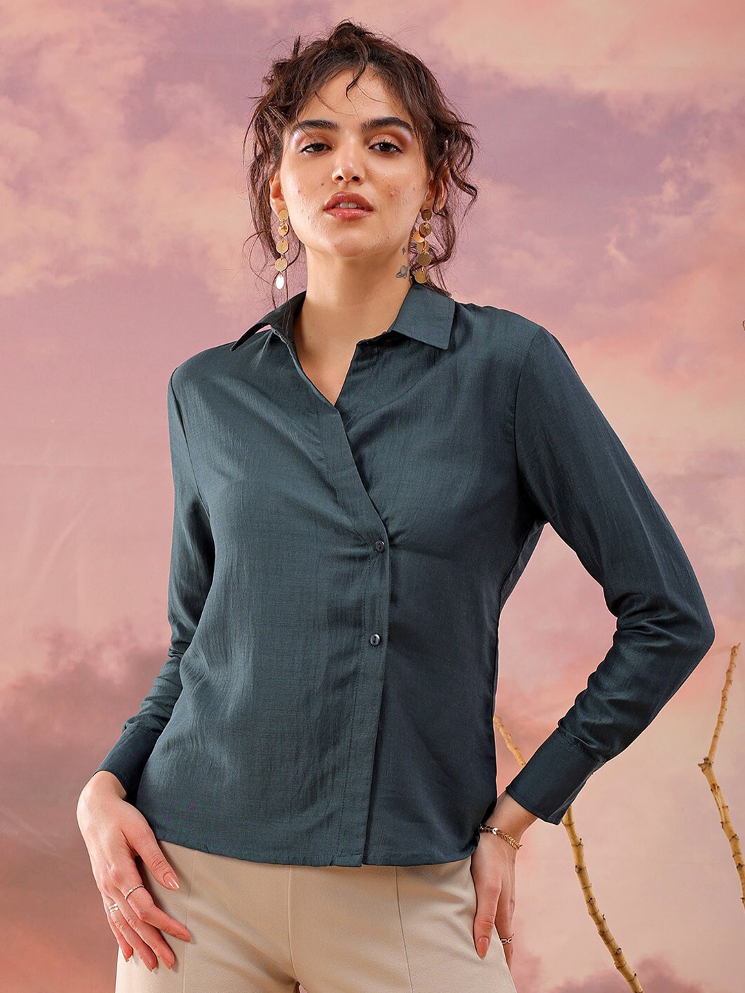

Freehand by The Indian Garage Co Women Roll-Up Sleeves Shirt Style Top, Teal