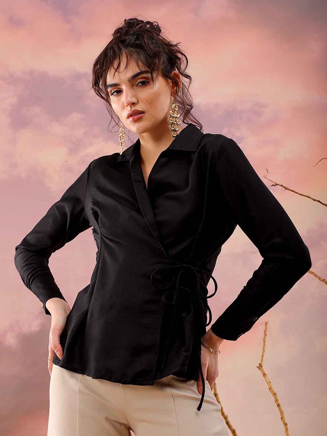 

Freehand by The Indian Garage Co Shirt Style Wrap Top, Black