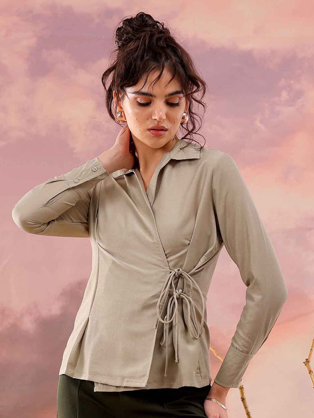 

Freehand by The Indian Garage Co Shirt Style Wrap Top, Grey