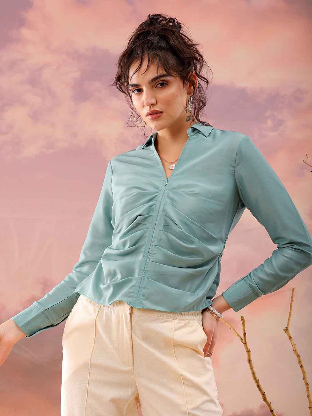 

Freehand by The Indian Garage Co Shirt Style V-Neck Top, Blue