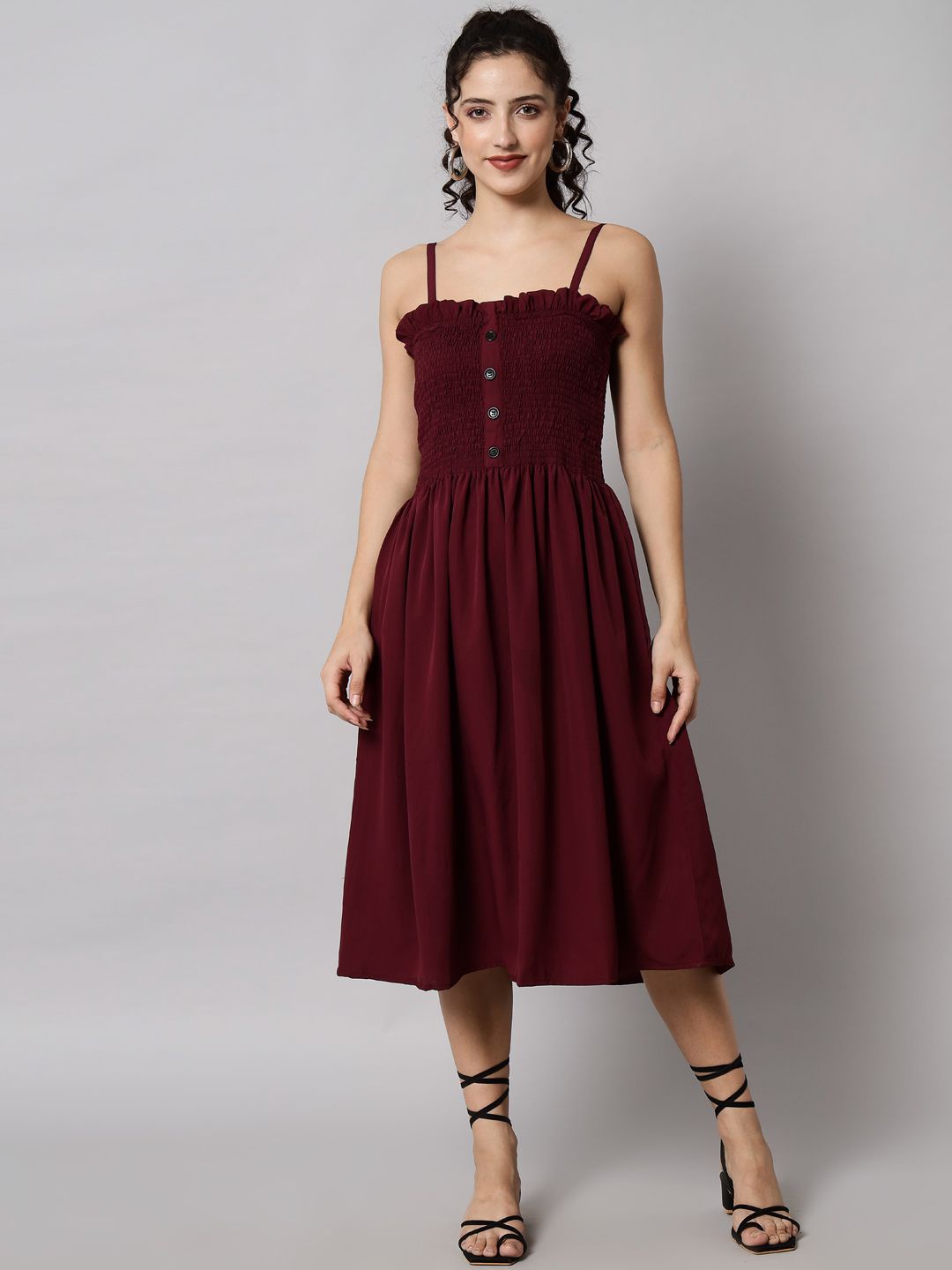

TANDUL Organic Cotton Shoulder Straps Smocked Fit & Flare Midi Dress, Pink