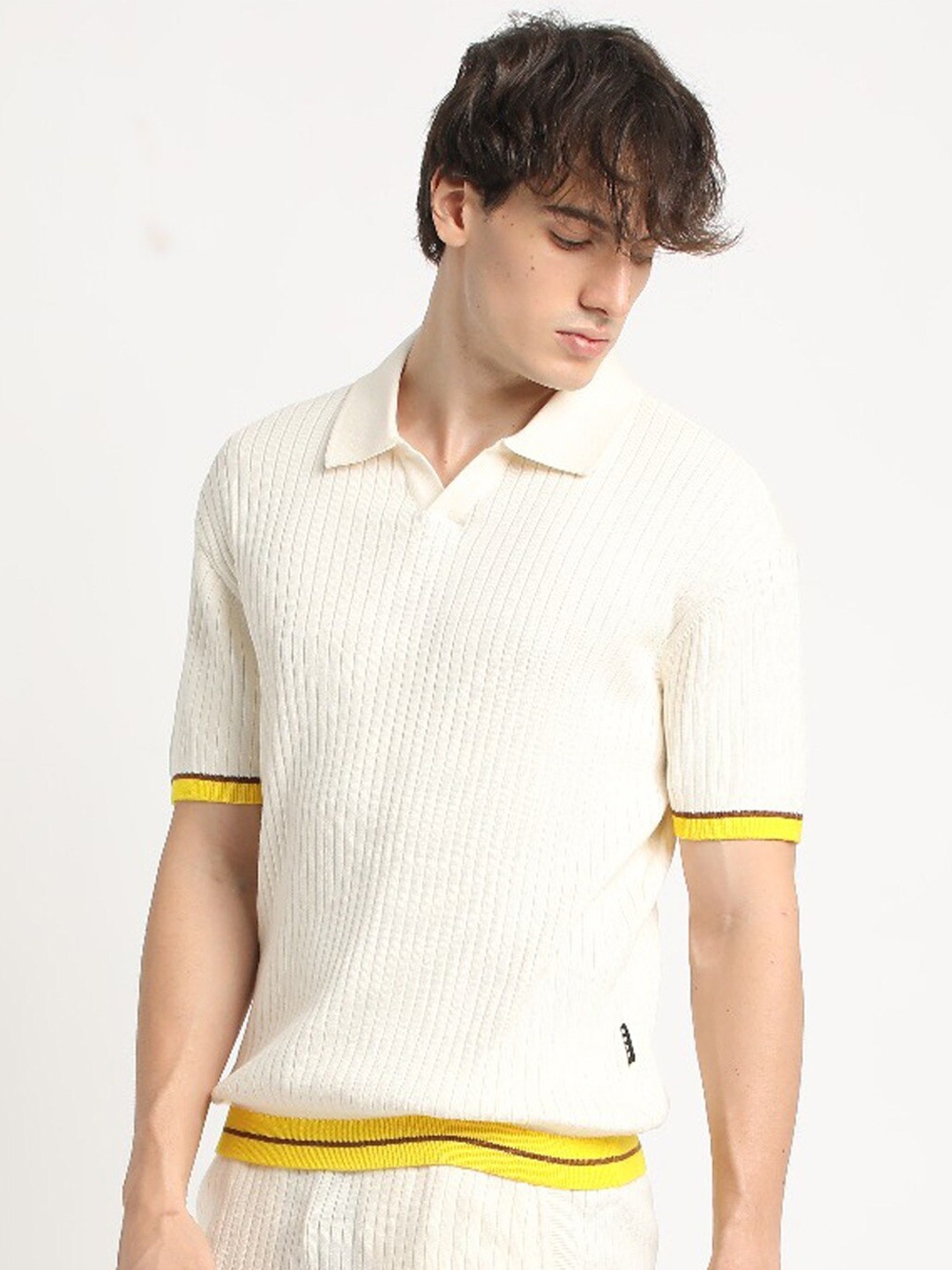 

THE BEAR HOUSE Men Striped Regular Fit Polo T-Shirt, Cream