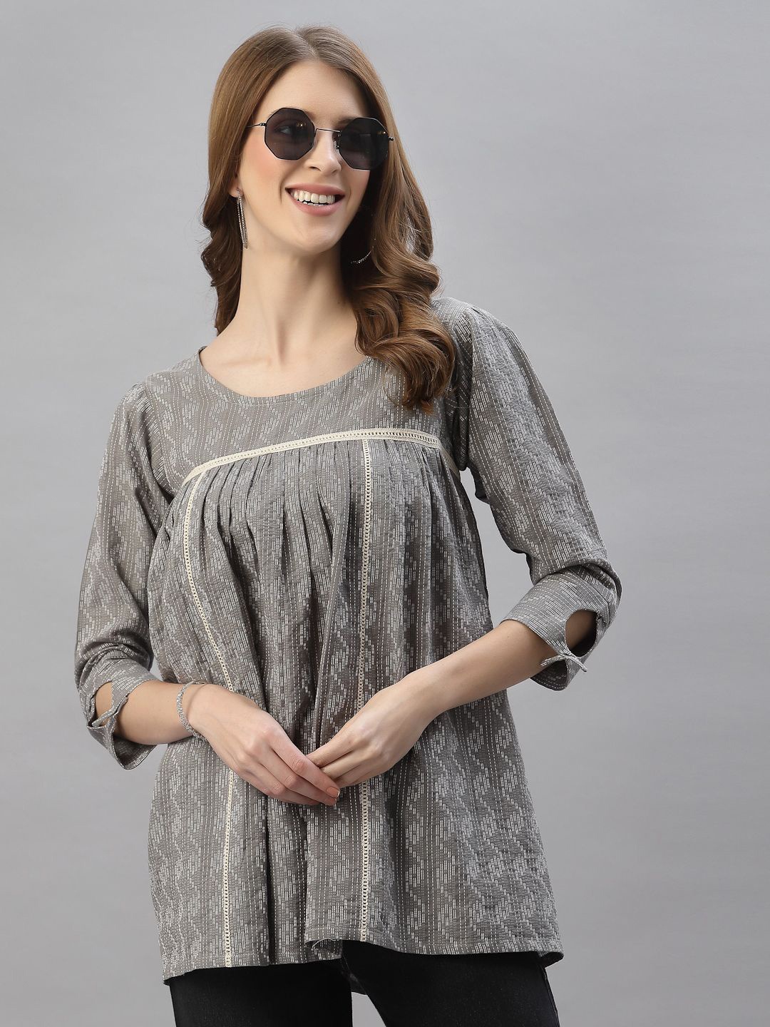 

KALINI Scoop Neck Gathers Striped Tunic, Grey