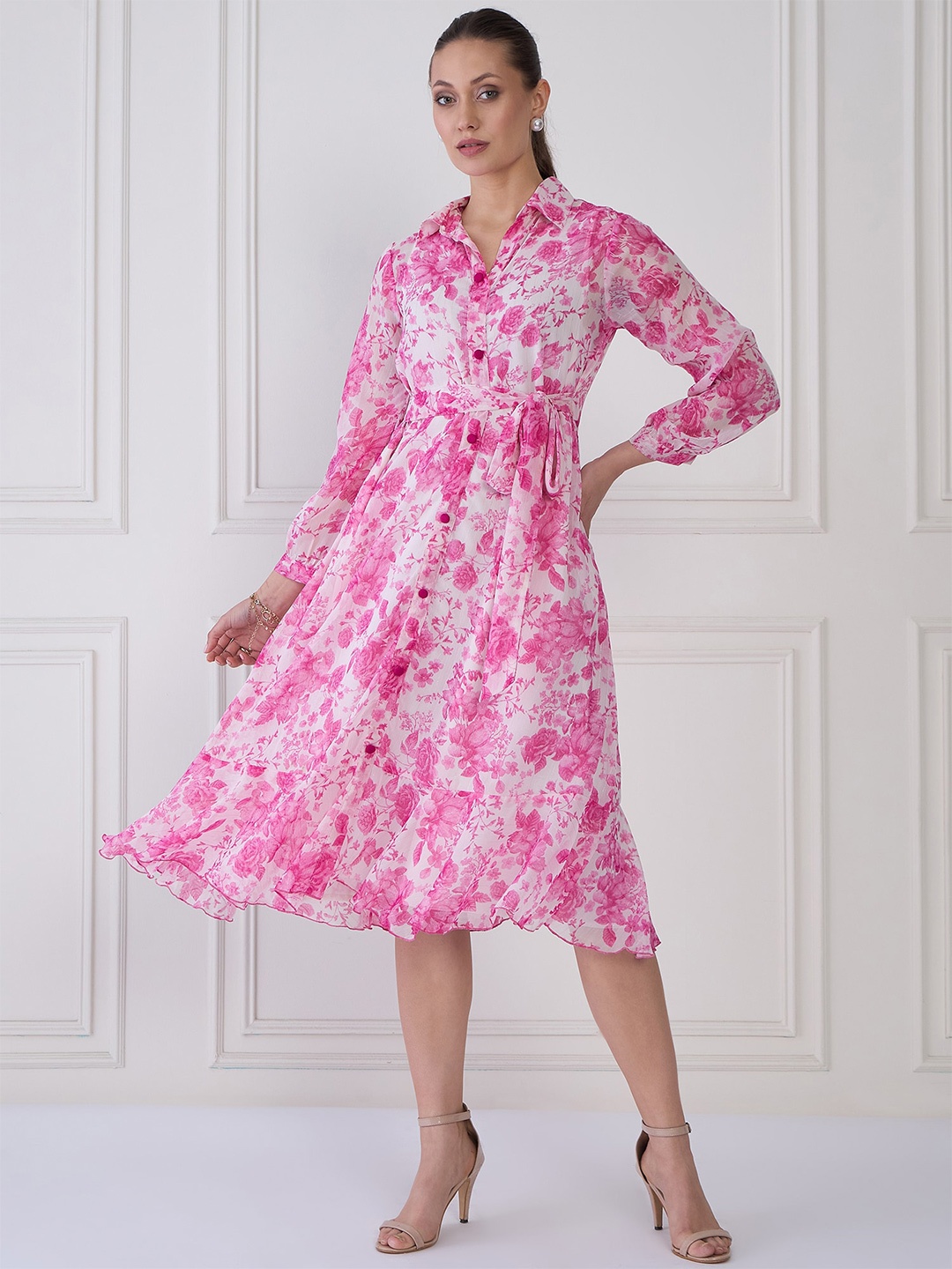 

Antheaa Elit Floral Print Puff Sleeve Chiffon A-Line Midi Dress, Off white