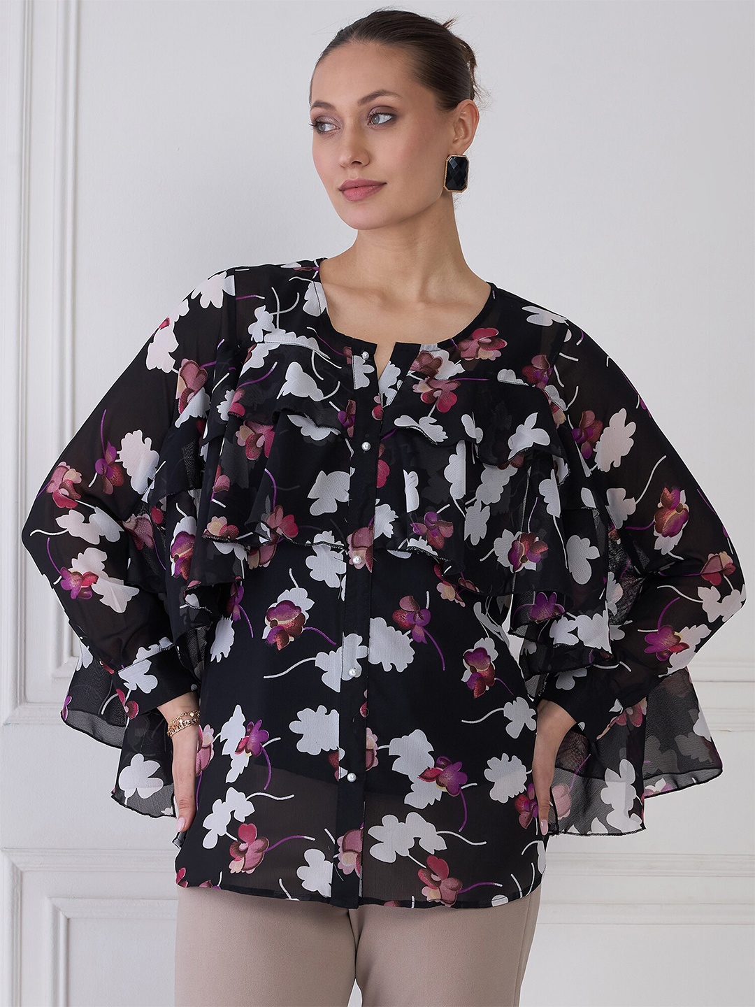 

Antheaa Floral Printed Ruffles Shirt Style Top, Black