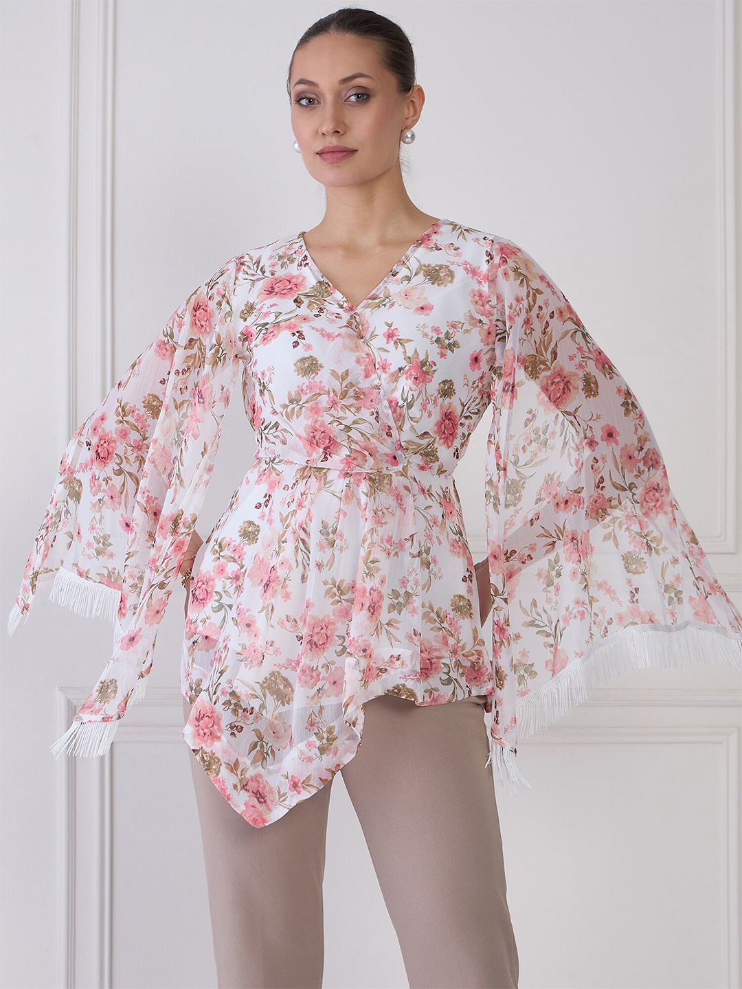 

Antheaa Floral Print Flared Sleeve Chiffon Wrap Top, Pink