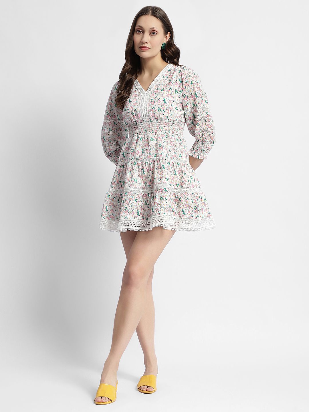 

Madame Floral Print Cuffed Sleeve Fit & Flare Cotton Mini Dress, Off white