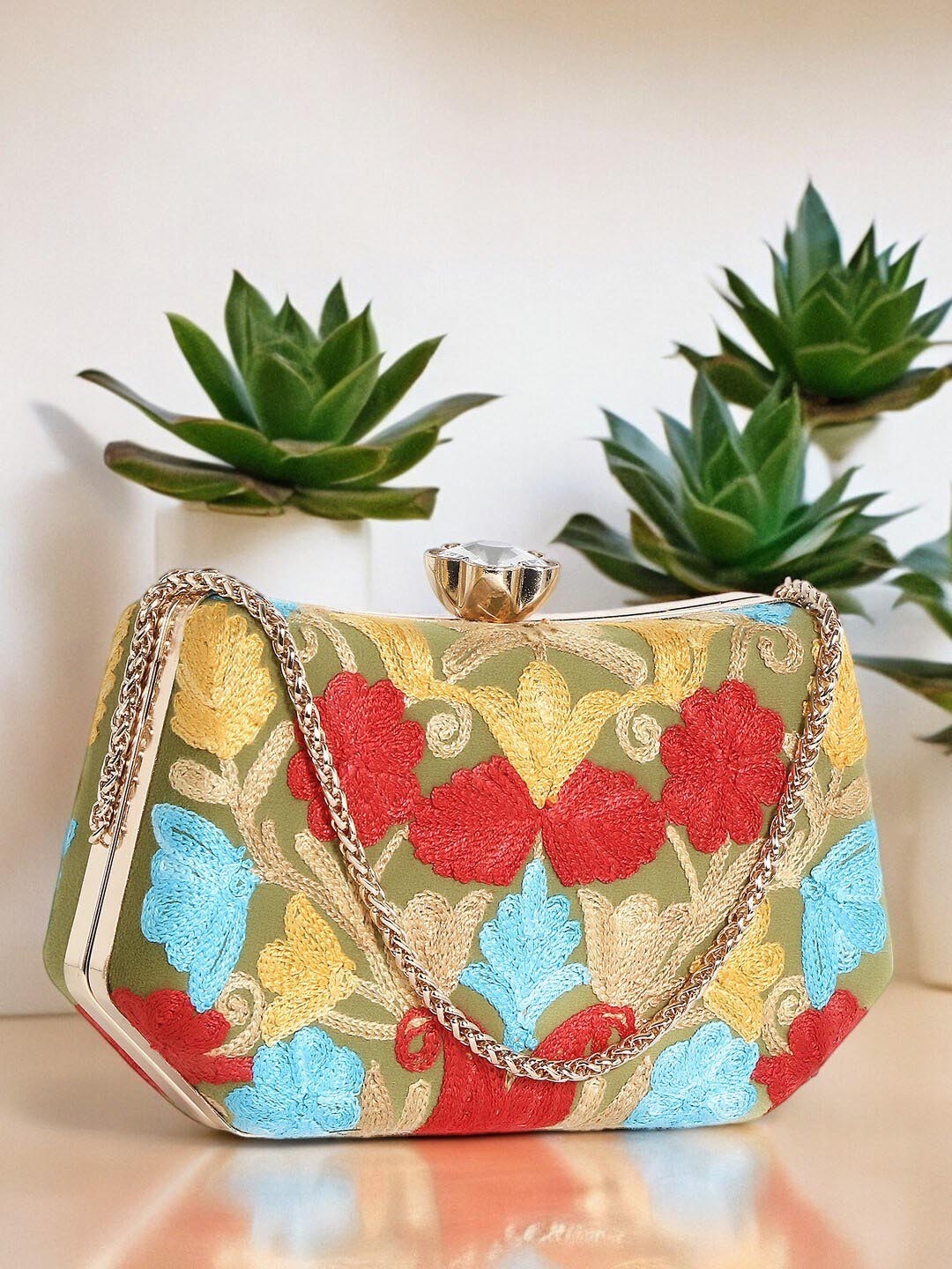 

Exotic Women Embroidered Box Clutch, Green