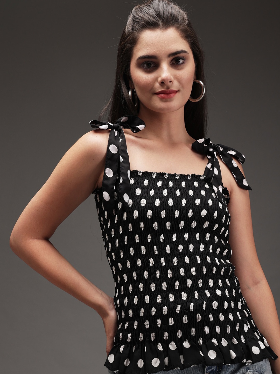 

TANDUL Smocking Polka Dots Crepe Top, Black