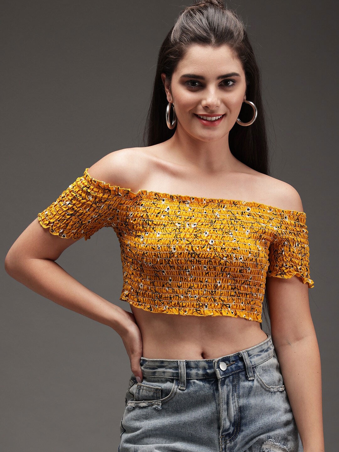 

TANDUL Print Off-Shoulder Crepe Bardot Crop Top, Yellow