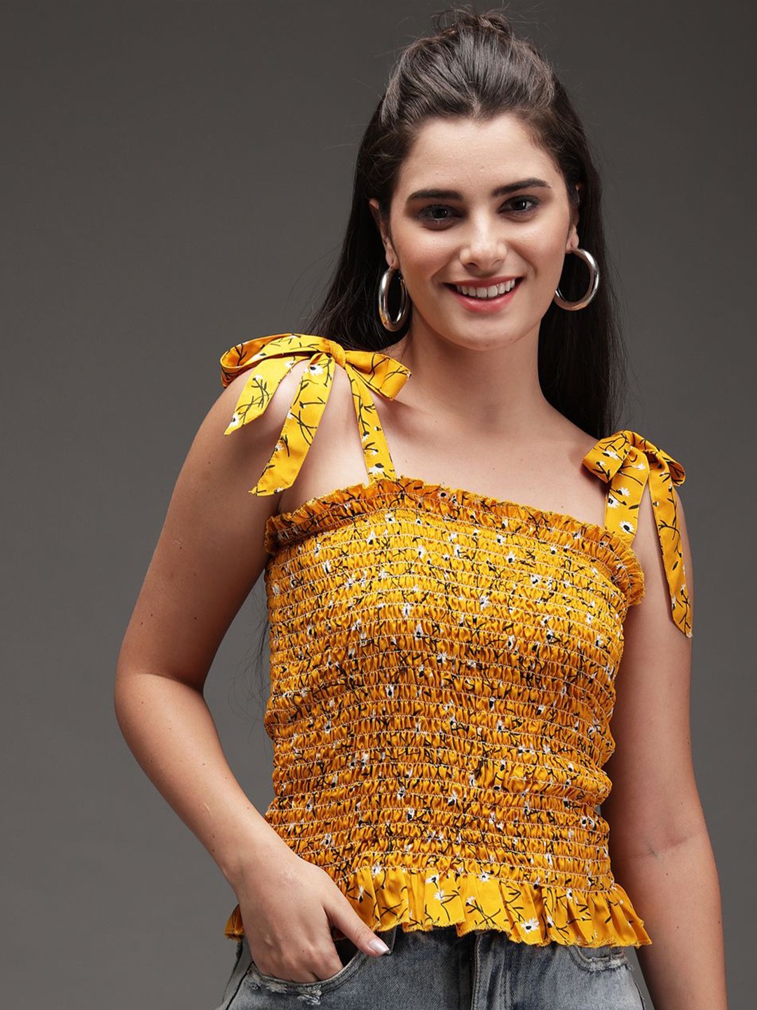 

TANDUL Floral Print Smocked Crepe Top, Multi